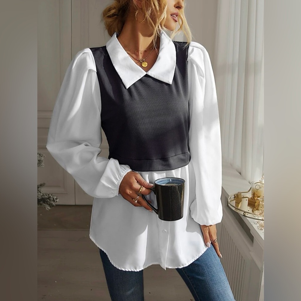 Gray Collar Button Blouse Vest Long Top